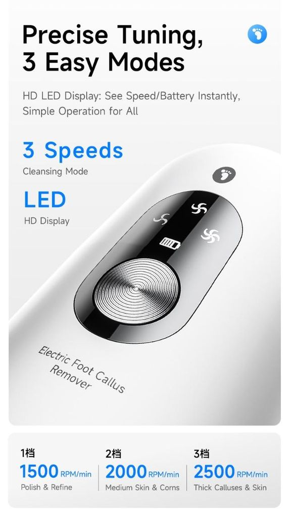 Ein weißes elektrisches Fußpflegegerät mit drei Modi und LED-Anzeige.