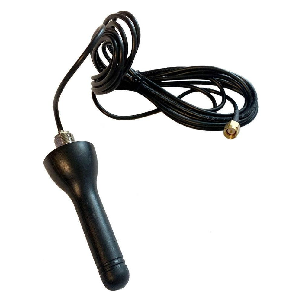 Schwarzer Antennenfuß mit Kabel und goldenem Stecker auf weißem Hintergrund.