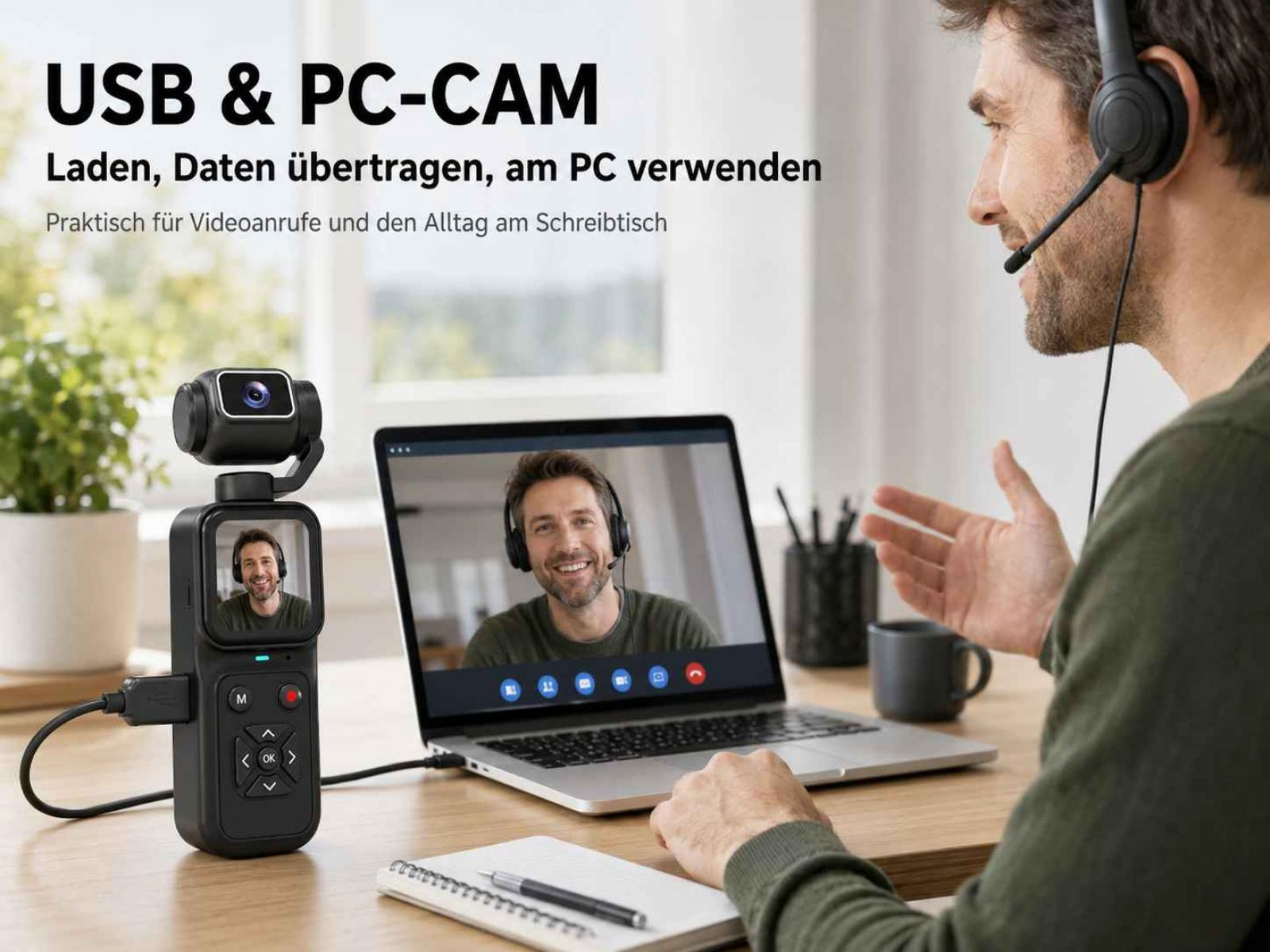 Ein Mann telefoniert per Video, ein Gimbal mit Kamera und ein Laptop stehen auf einem Schreibtisch.