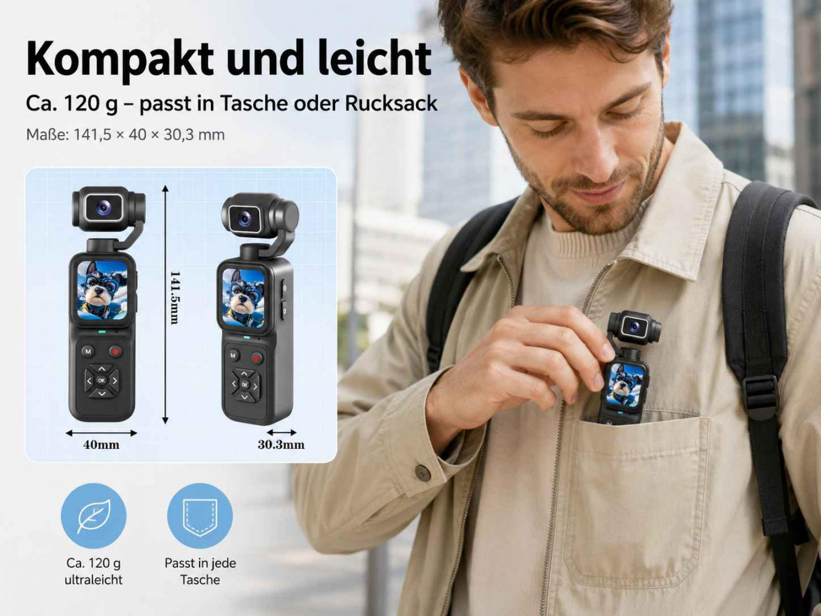 Ein Mann steckt eine kompakte Kamera in seine Brusttasche. Daneben sind die Maße und das Gewicht der Kamera.