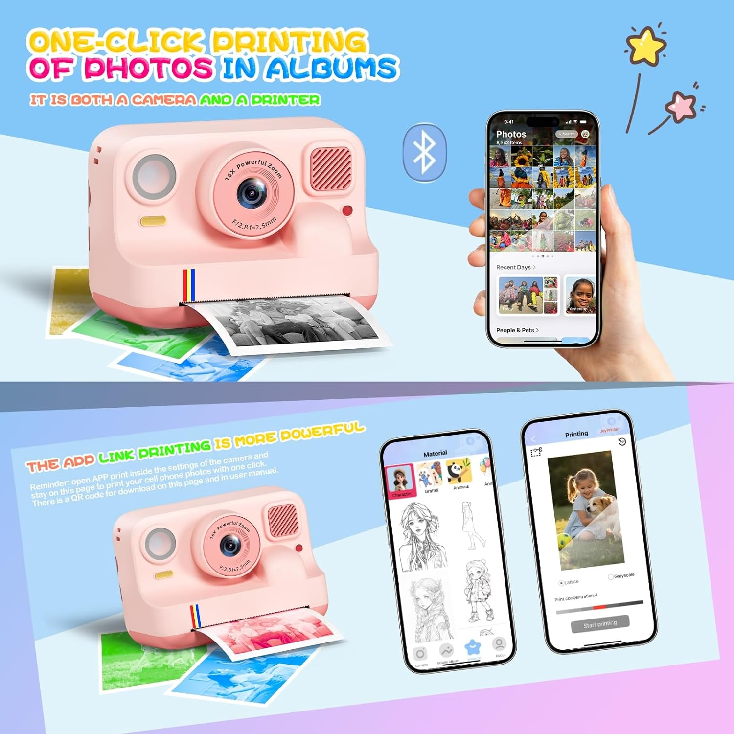 Rosa Sofortbildkamera druckt Fotos. Telefon zeigt Galerie. App zeigt Zeichen- und Druckoptionen.