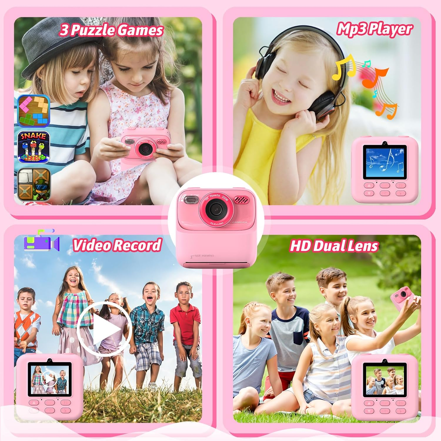 Vier Szenen zeigen eine rosafarbene Kamera, Kinder spielen und hören Musik.