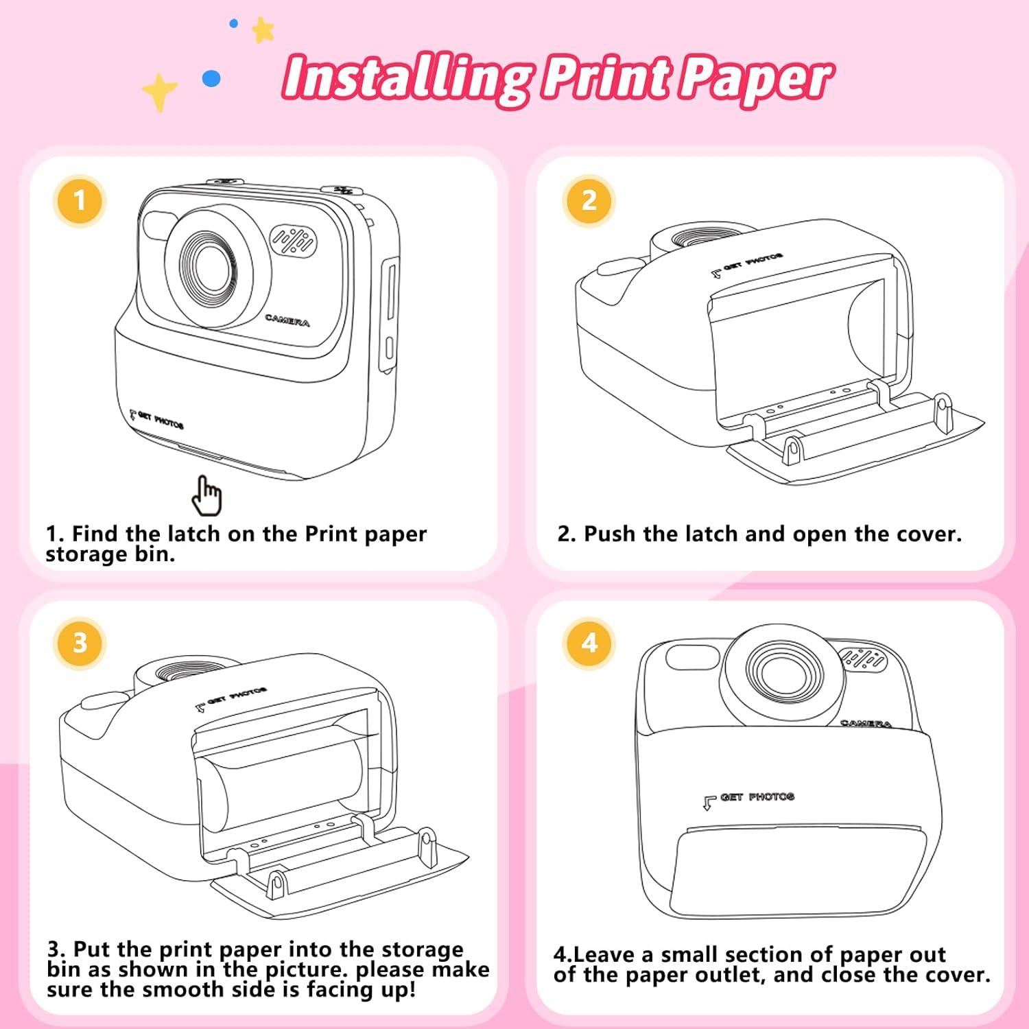 Schritt-für-Schritt-Anleitung zum Einlegen von Fotopapier in eine Kamera.