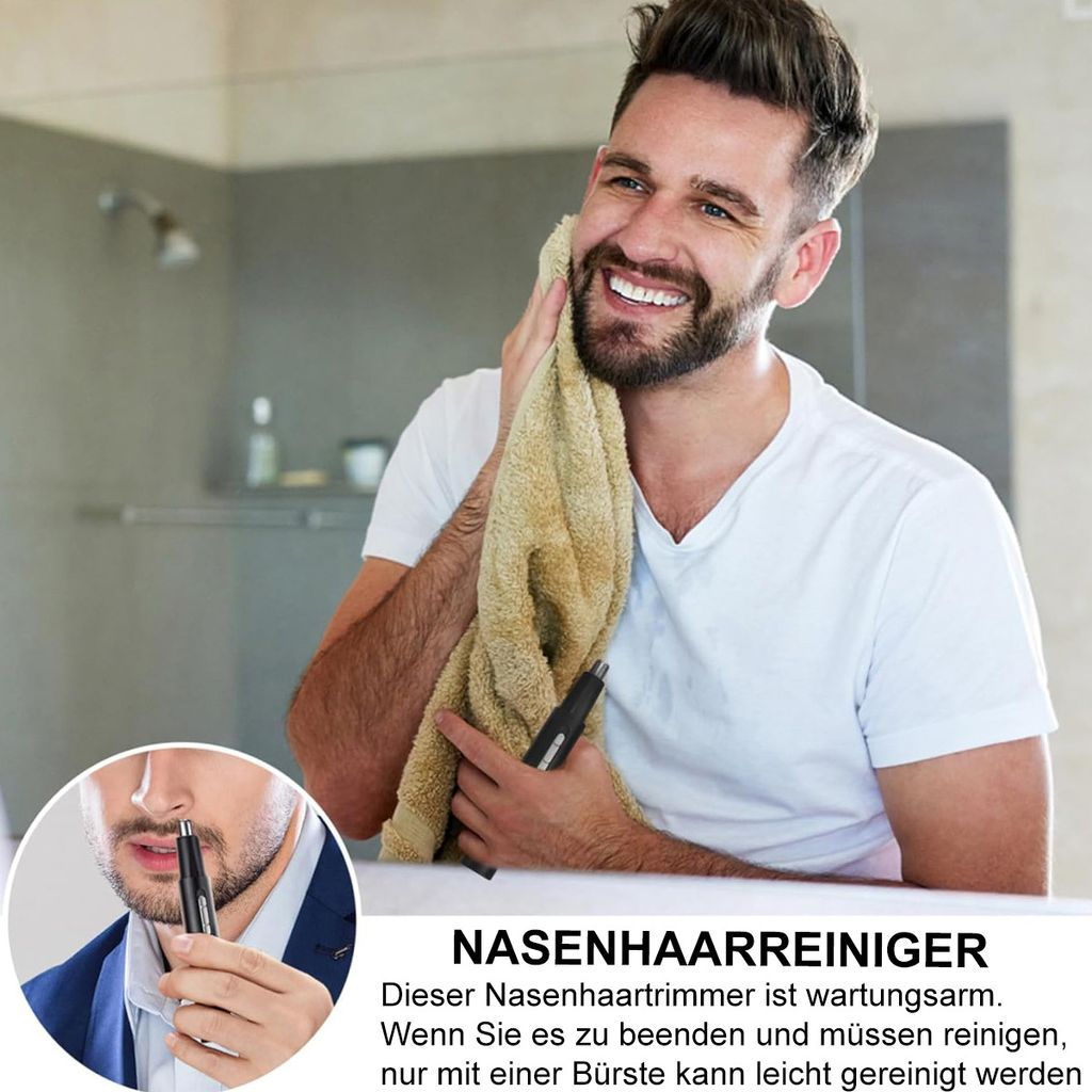 Mann trocknet Gesicht mit Handtuch, hält Nasenhaartrimmer.