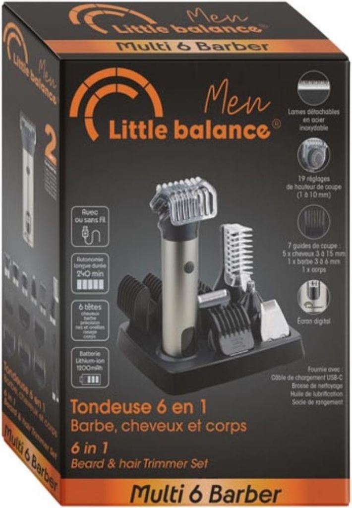 Verpackung eines Bart-, Haar- und Körpertrimmer-Sets mit Zubehör.