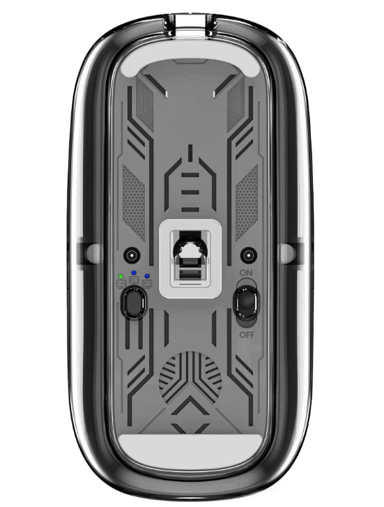 Parte inferiore di un mouse per computer trasparente con porte, interruttori e motivi.