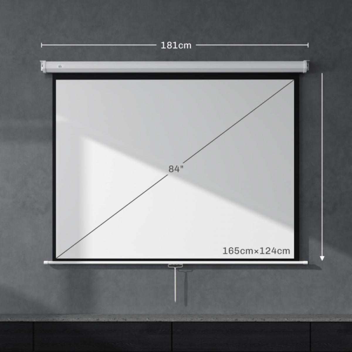 Eine weiße Leinwand (84 Zoll, 165x124cm) mit 181cm Breite hängt an einer Wand.