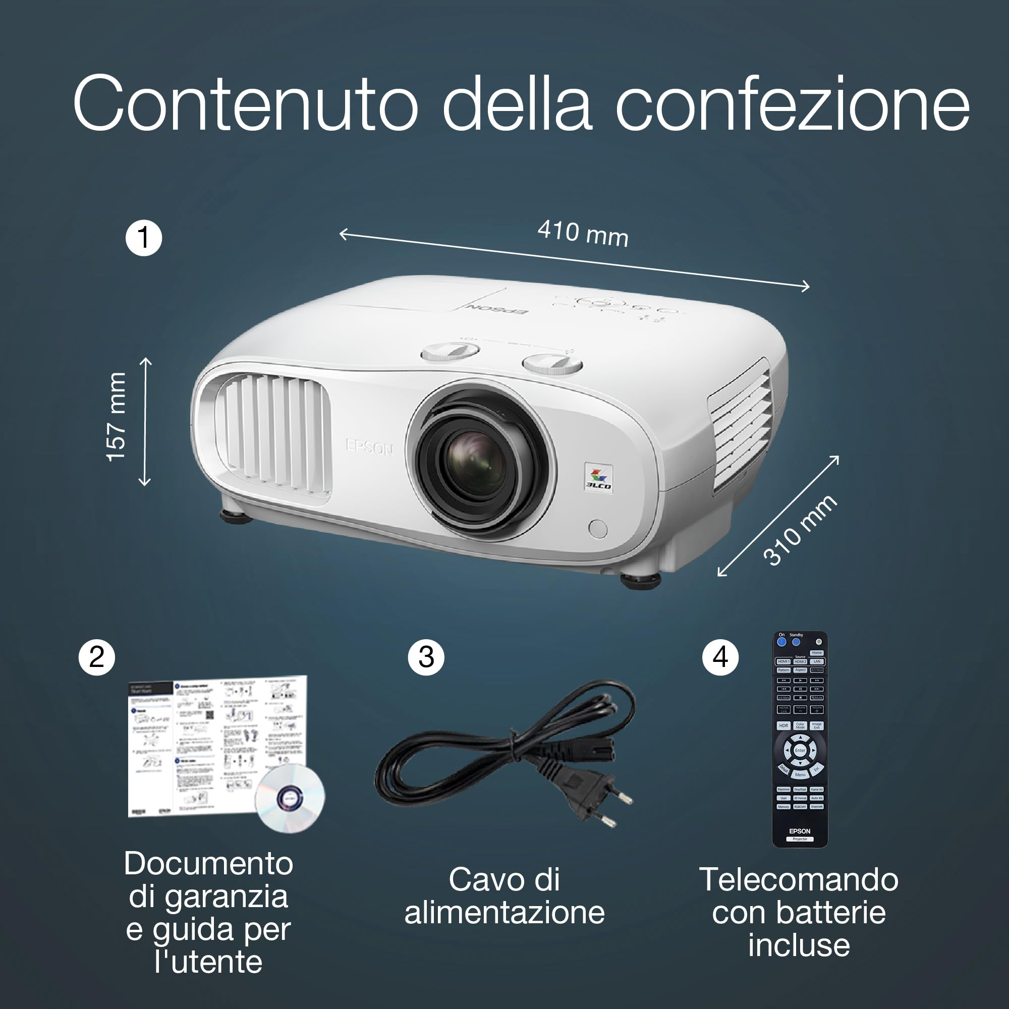 Contenuto della confezione: proiettore Epson, manuale, cavo alimentazione, telecomando.