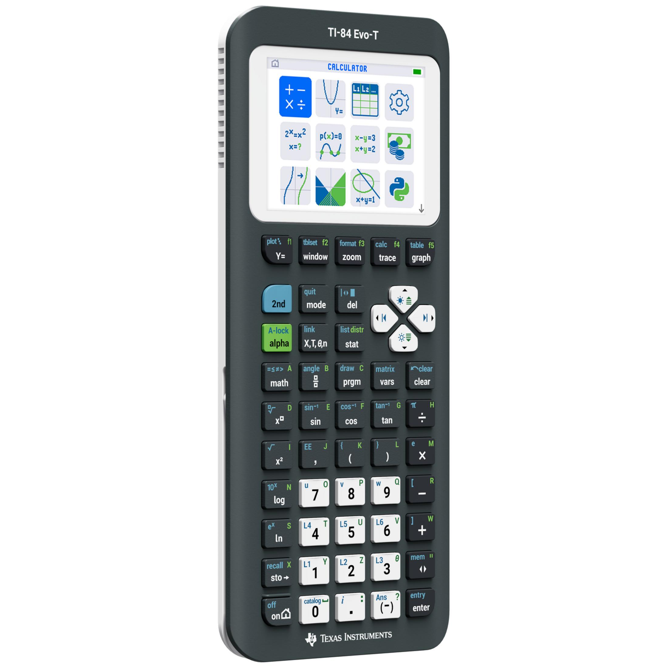 Ein grauer Texas Instruments TI-84 Evo-T Taschenrechner mit einem farbigen Bildschirm.