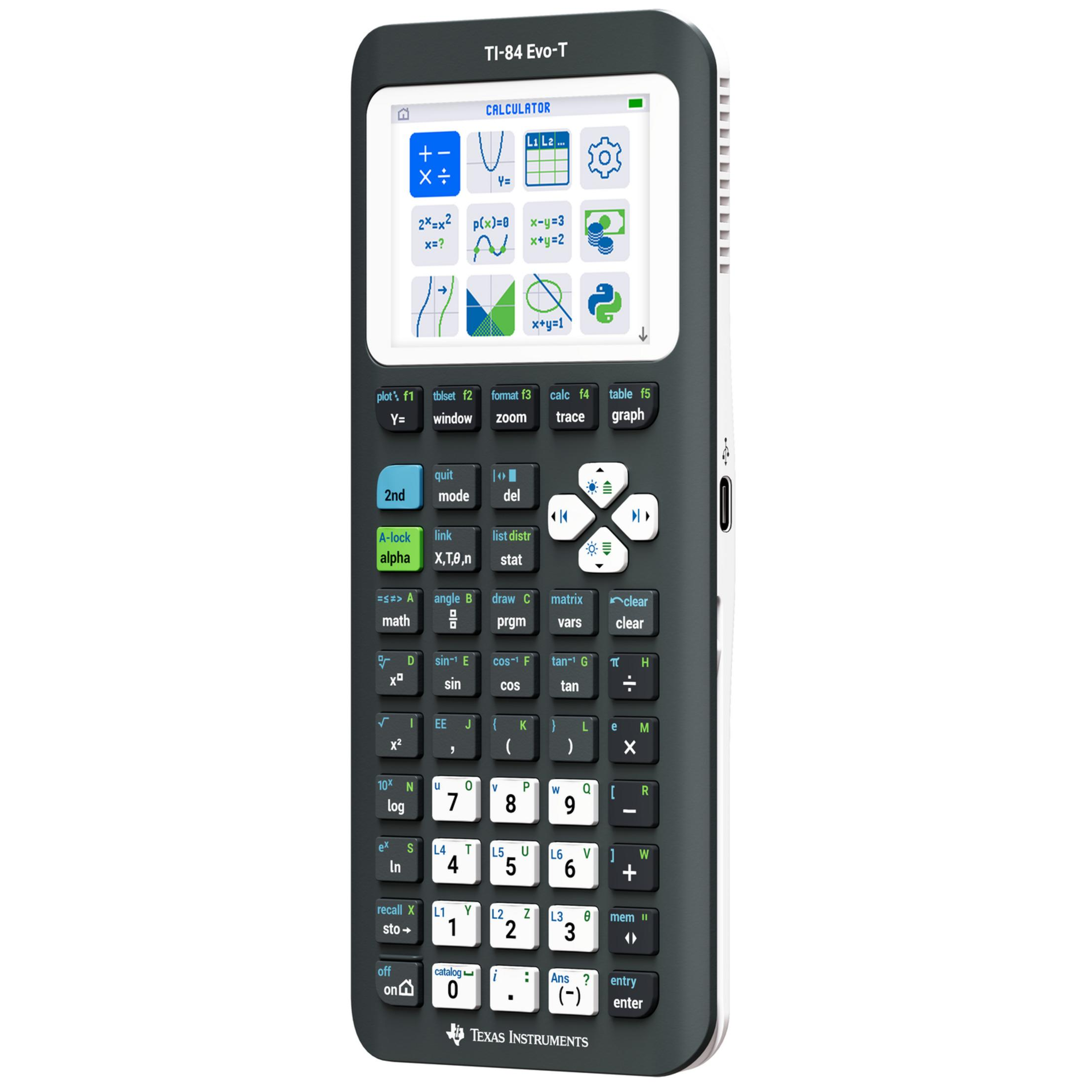 Ein TI-84 Evo-T Taschenrechner mit einem Farbbildschirm, der verschiedene mathematische Symbole und Apps anzeigt.