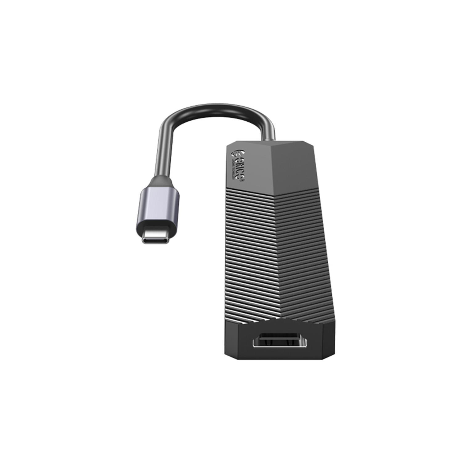 Yivli gövdeli ve esnek kablolu gri USB-C - HDMI adaptörü.