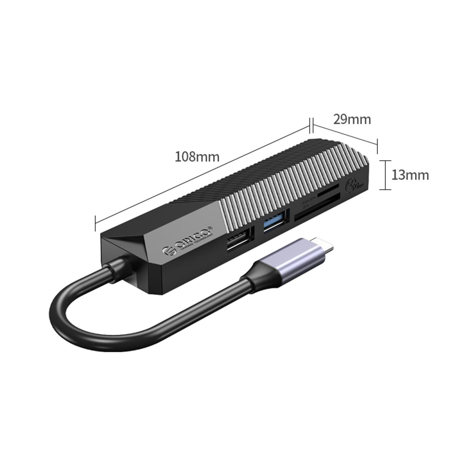 Siyah USB-C hub, portlar ve SD kart yuvaları, 108x29x13mm.