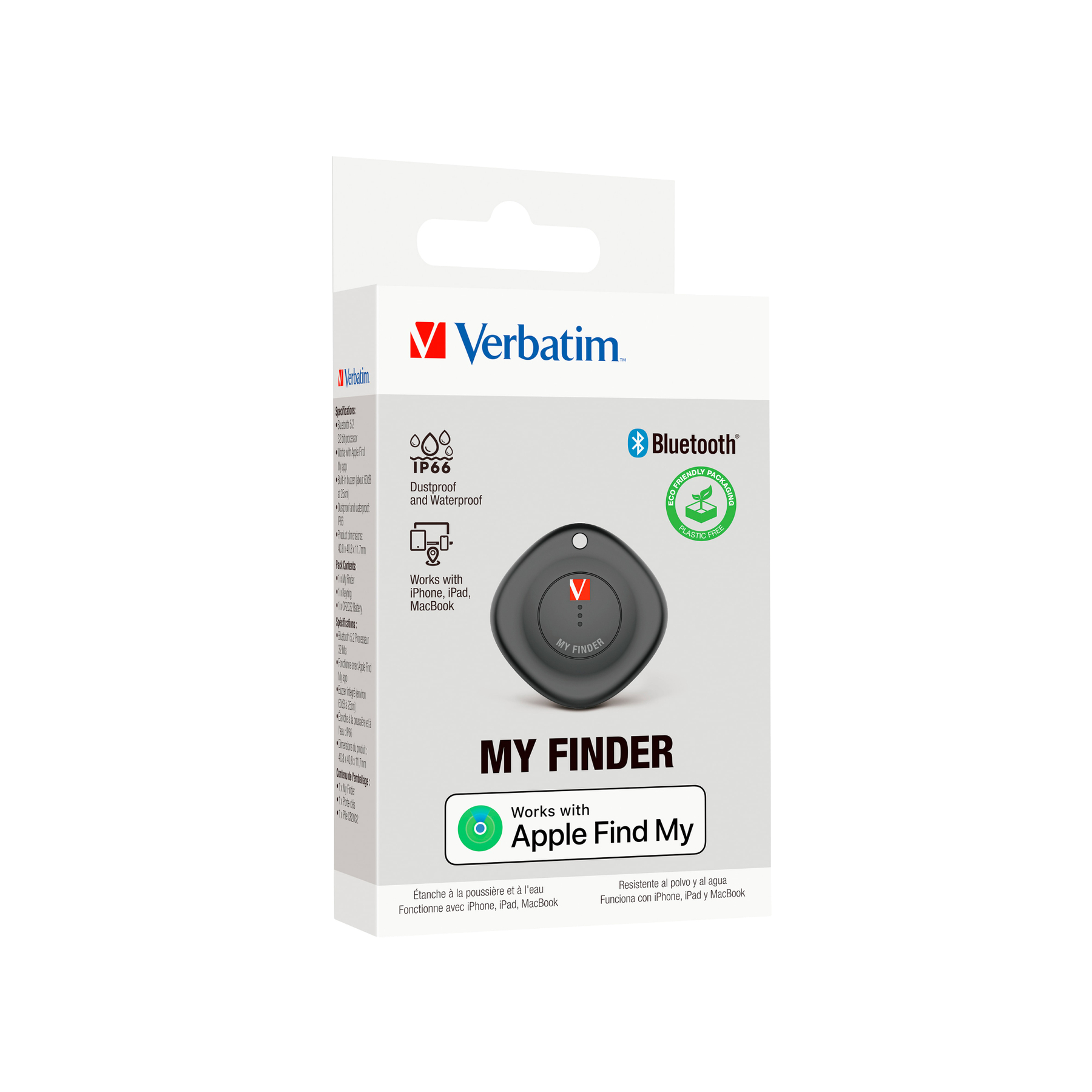 Confezione prodotto Verbatim My Finder con localizzatore Bluetooth, certificato IP66.