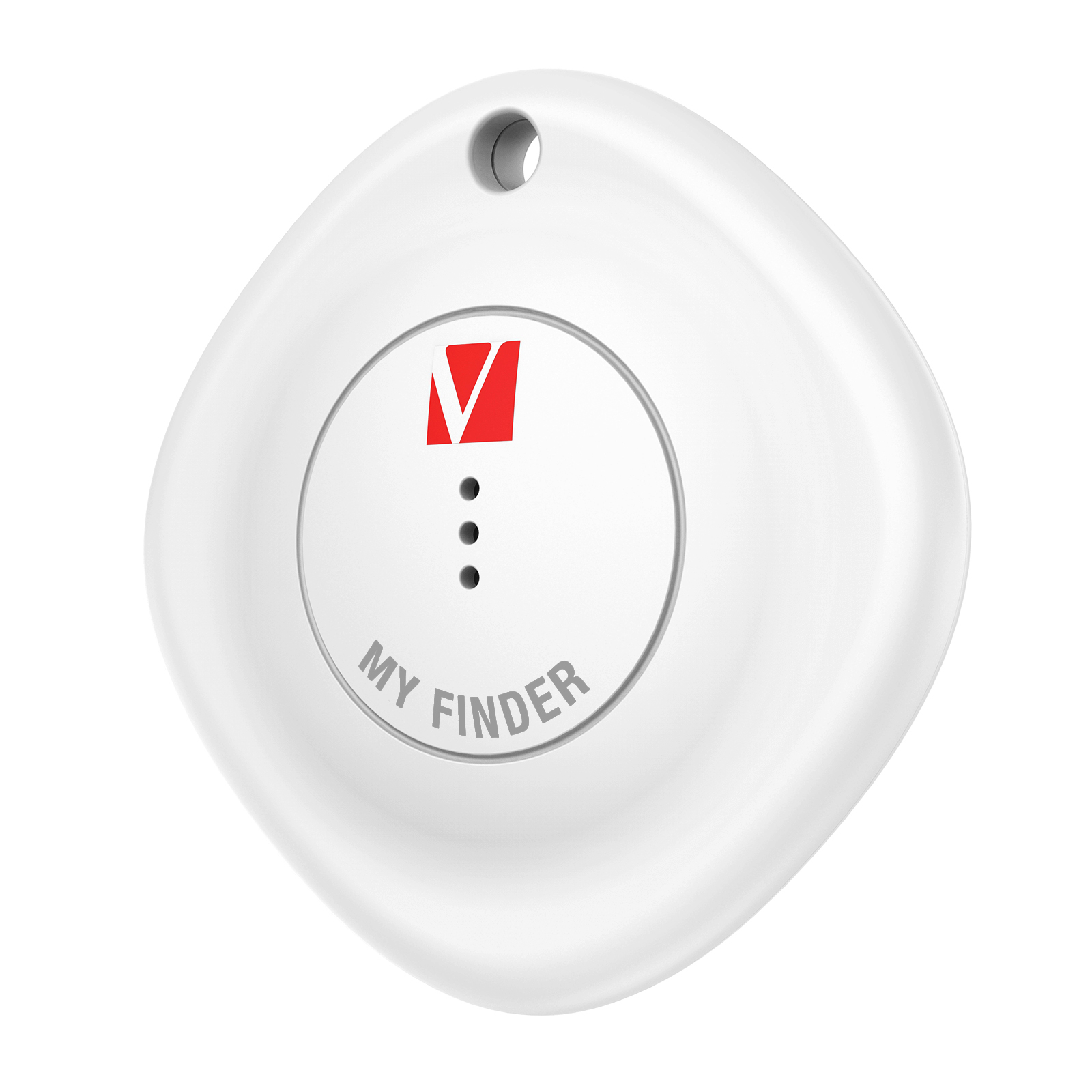 Localizzatore chiave bianco con logo V rosso e tre punti.