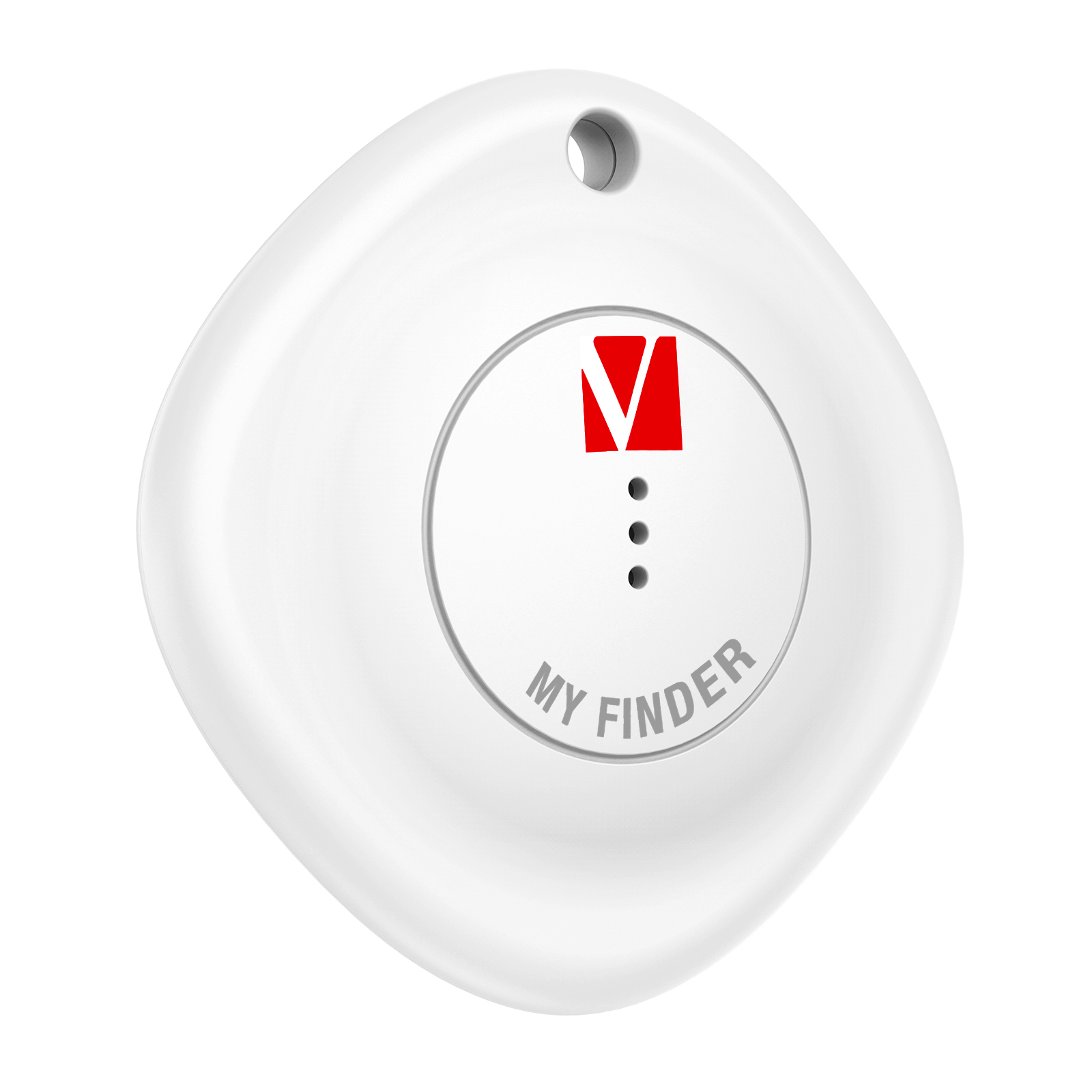 Un ciondolo bianco con logo rosso e testo "MY FINDER".