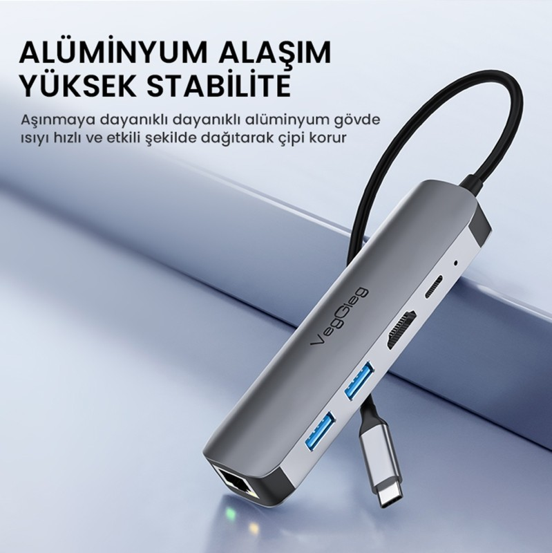 USB-A, HDMI ve Ethernet dahil çoklu porta sahip gri USB-C hub.