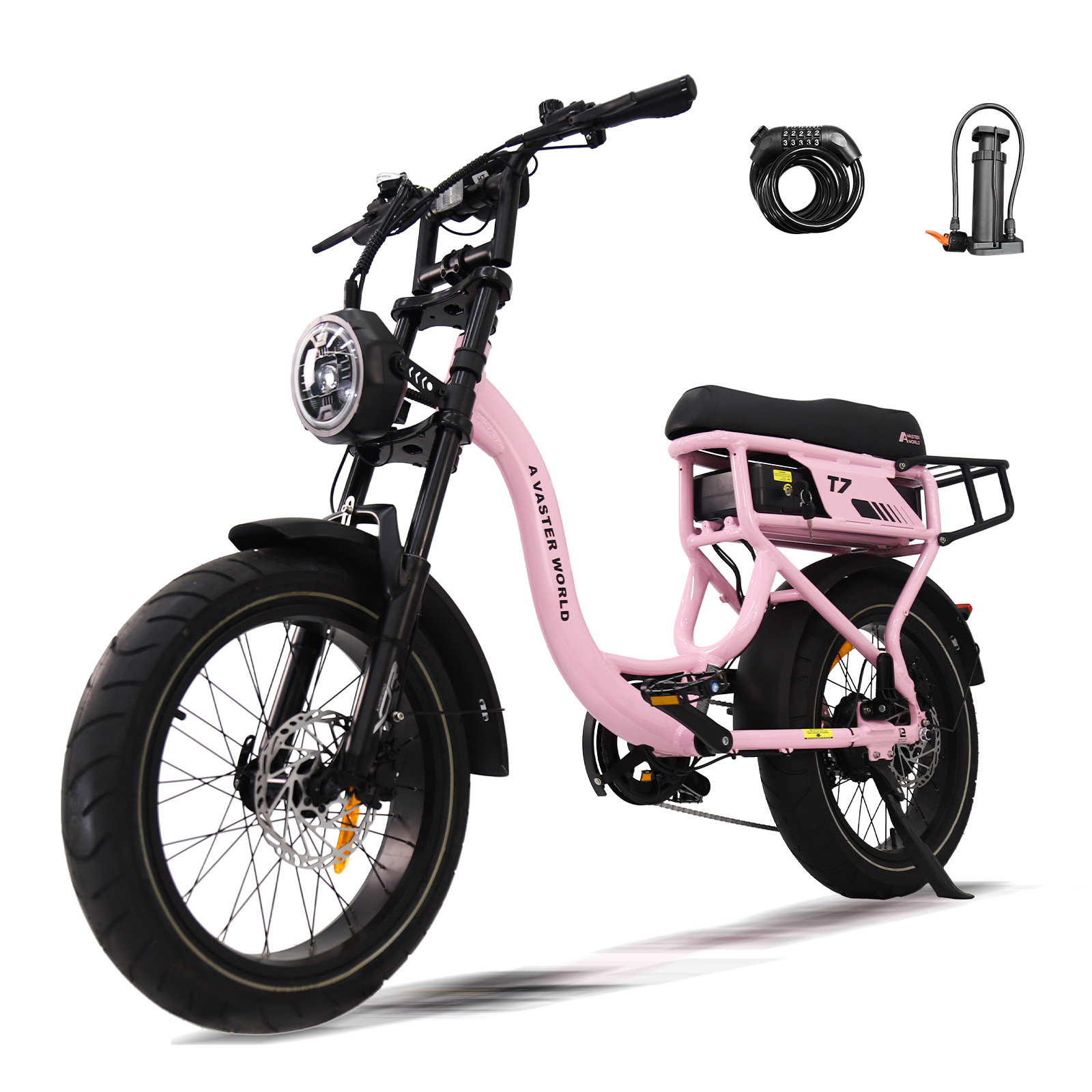 Ein rosafarbenes E-Bike mit fetten Reifen, schwarzem Sattel und Zubehör.