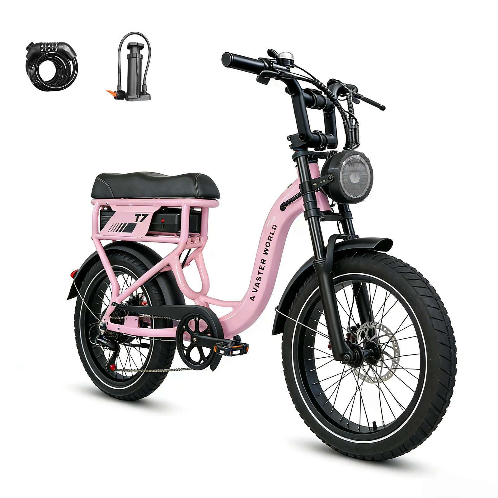 Ein rosafarbenes E-Bike mit schwarzen Reifen, Sitz und Lenker. Zubehör: Schloss, Pumpe.