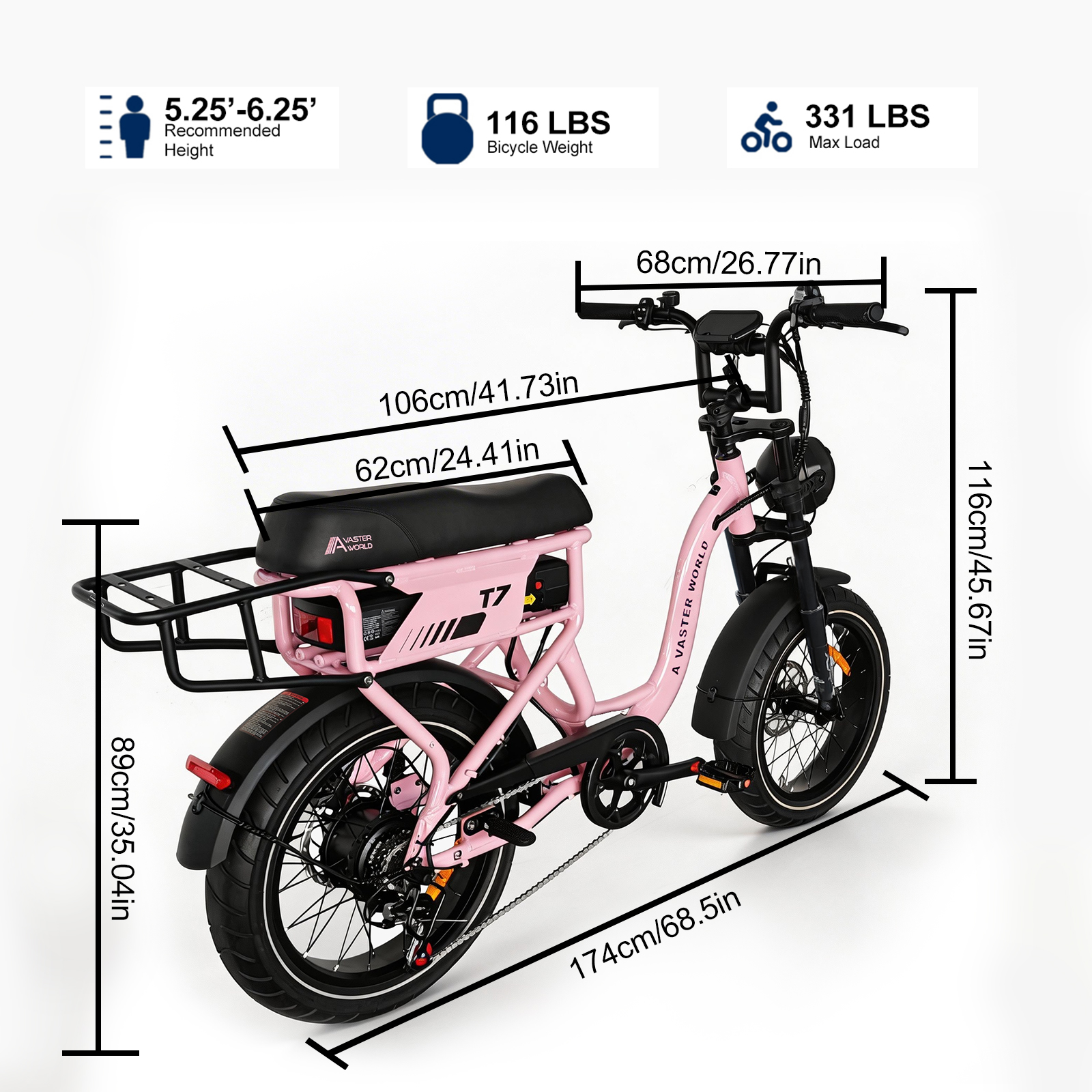 Ein rosa E-Bike mit schwarzen Reifen, Sitz und Details. Maße sind angegeben.