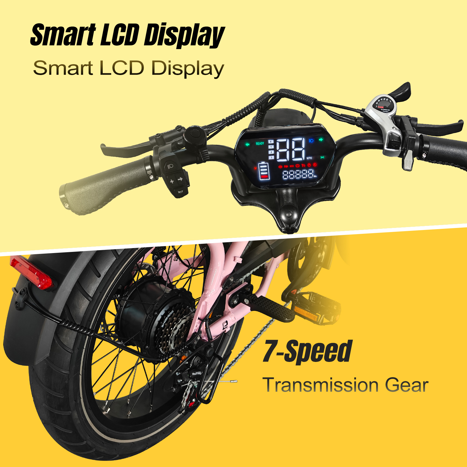 Nahaufnahme des Lenkers mit LCD-Display und des hinteren Fahrradteils mit Gangschaltung.