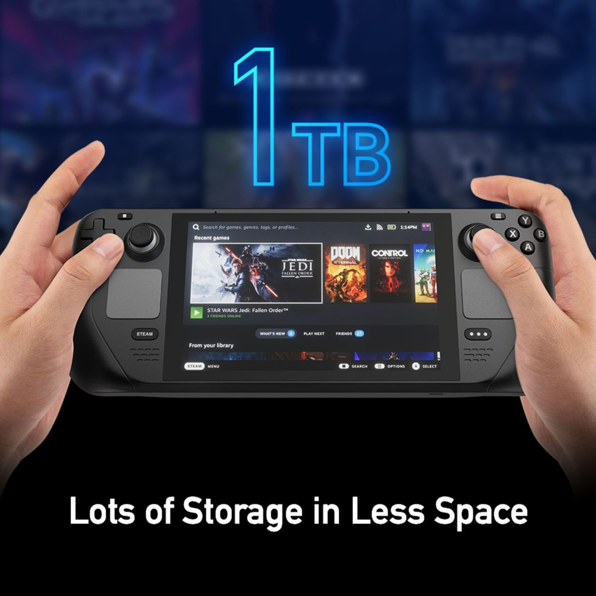 Una persona tiene una Steam Deck con 1TB di spazio. Lo schermo mostra i giochi.