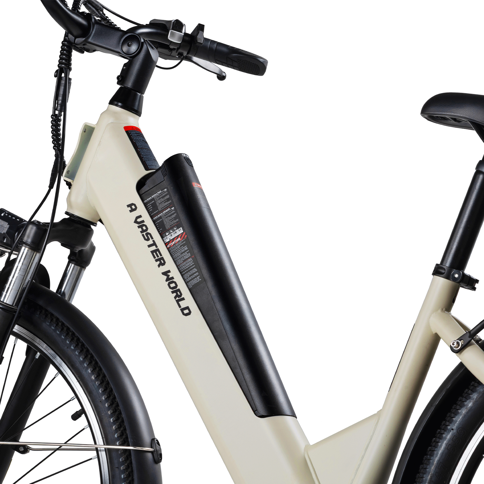Ein beigefarbenes E-Bike mit schwarzem Akku und Lenker, im Detail.