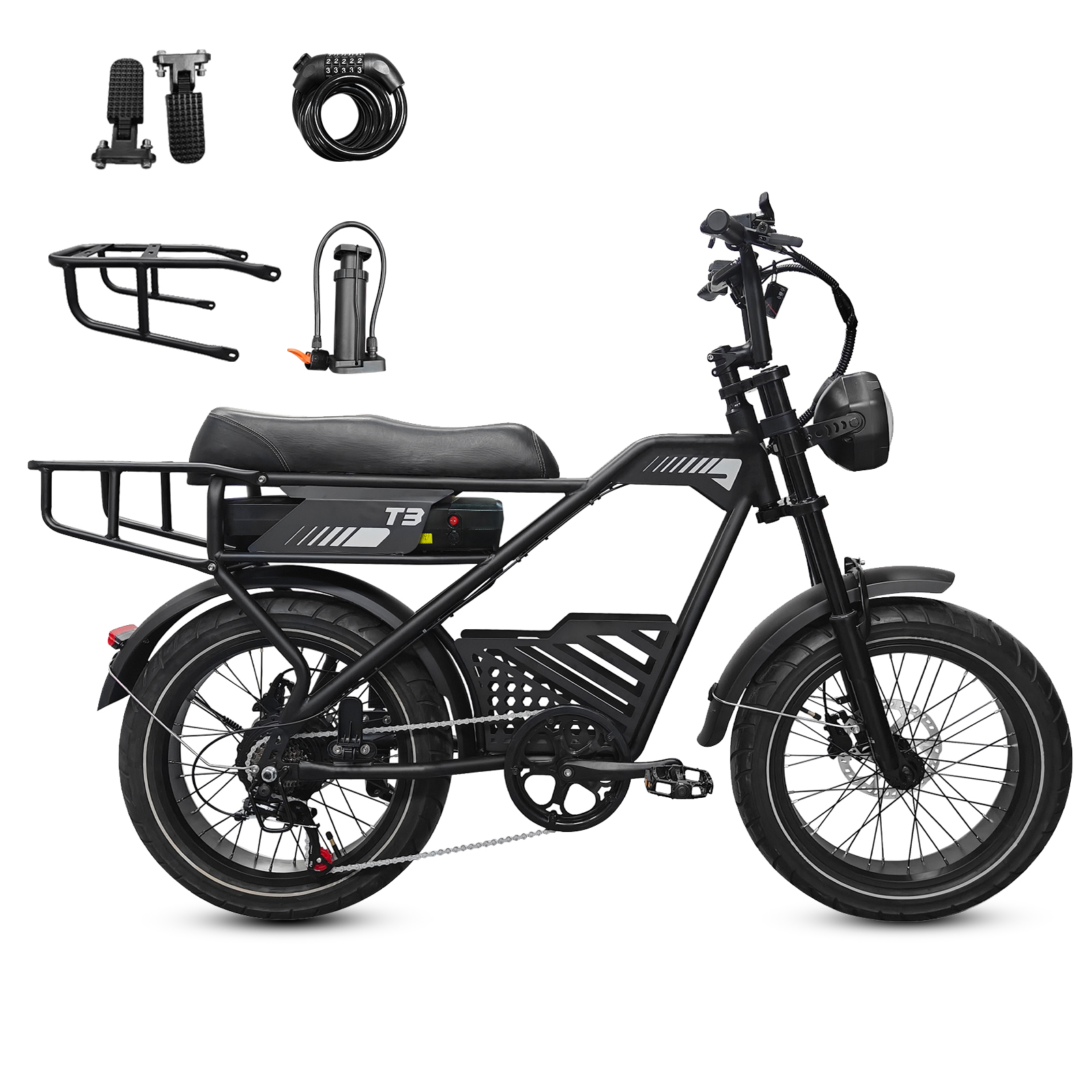 Schwarzes E-Bike mit Zubehör wie Gepäckträger, Pumpe, Schloss und Pedalen.