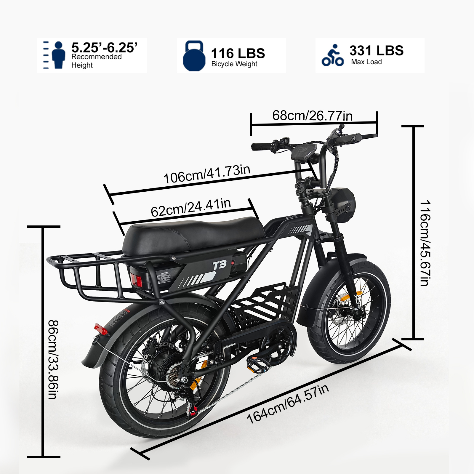 Schwarzes E-Bike mit Maßen: 164cm L, 116cm H, 68cm B. Max. Last 150 kg.