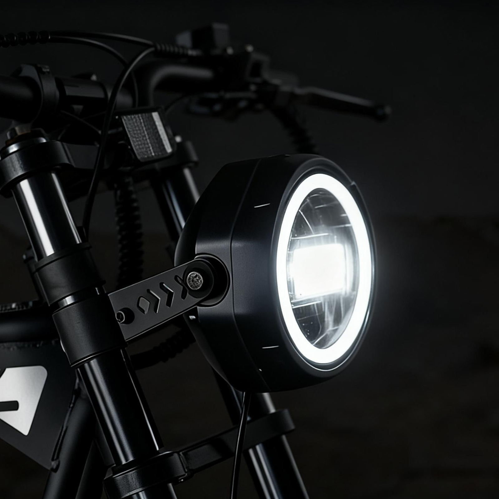 Ein beleuchteter runder Motorradscheinwerfer mit weißem Ring auf schwarzem Hintergrund.