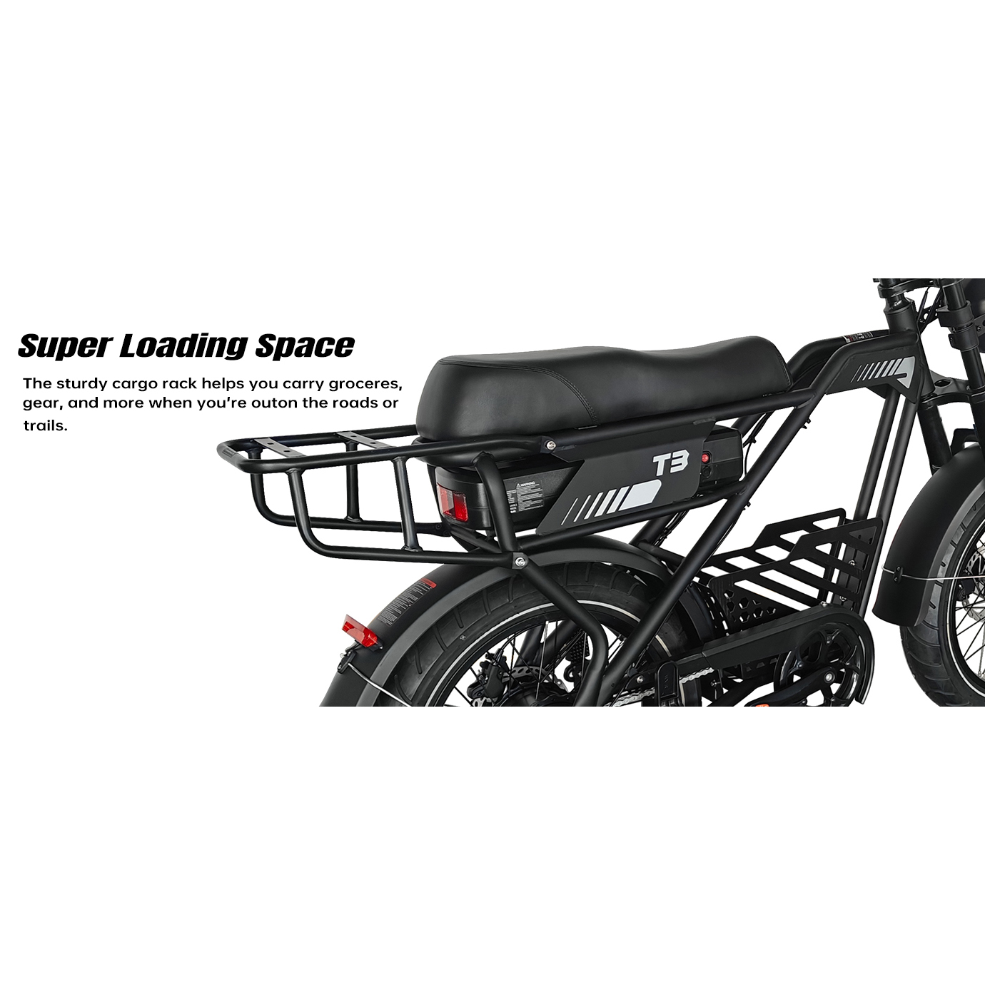 Schwarzes E-Bike mit stabilem Gepäckträger und Sitz.