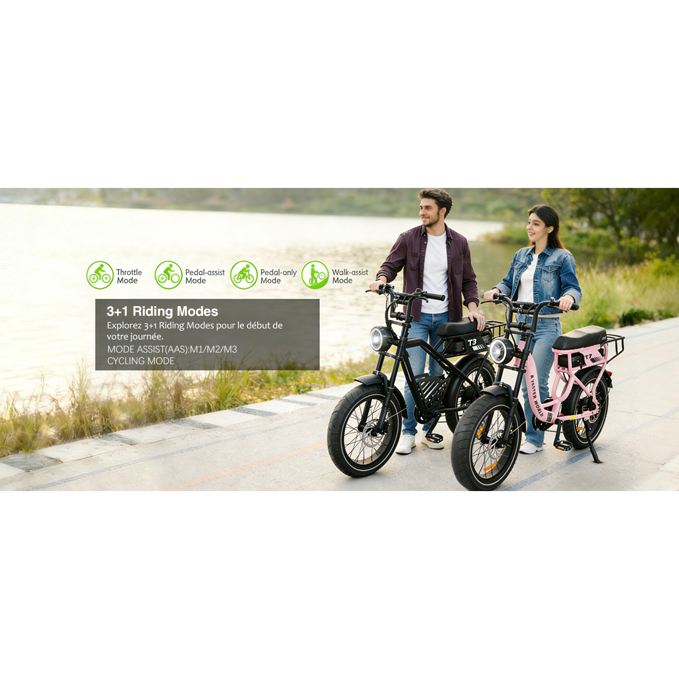Ein Mann und eine Frau stehen neben einem schwarzen und einem rosa E-Bike am Ufer.