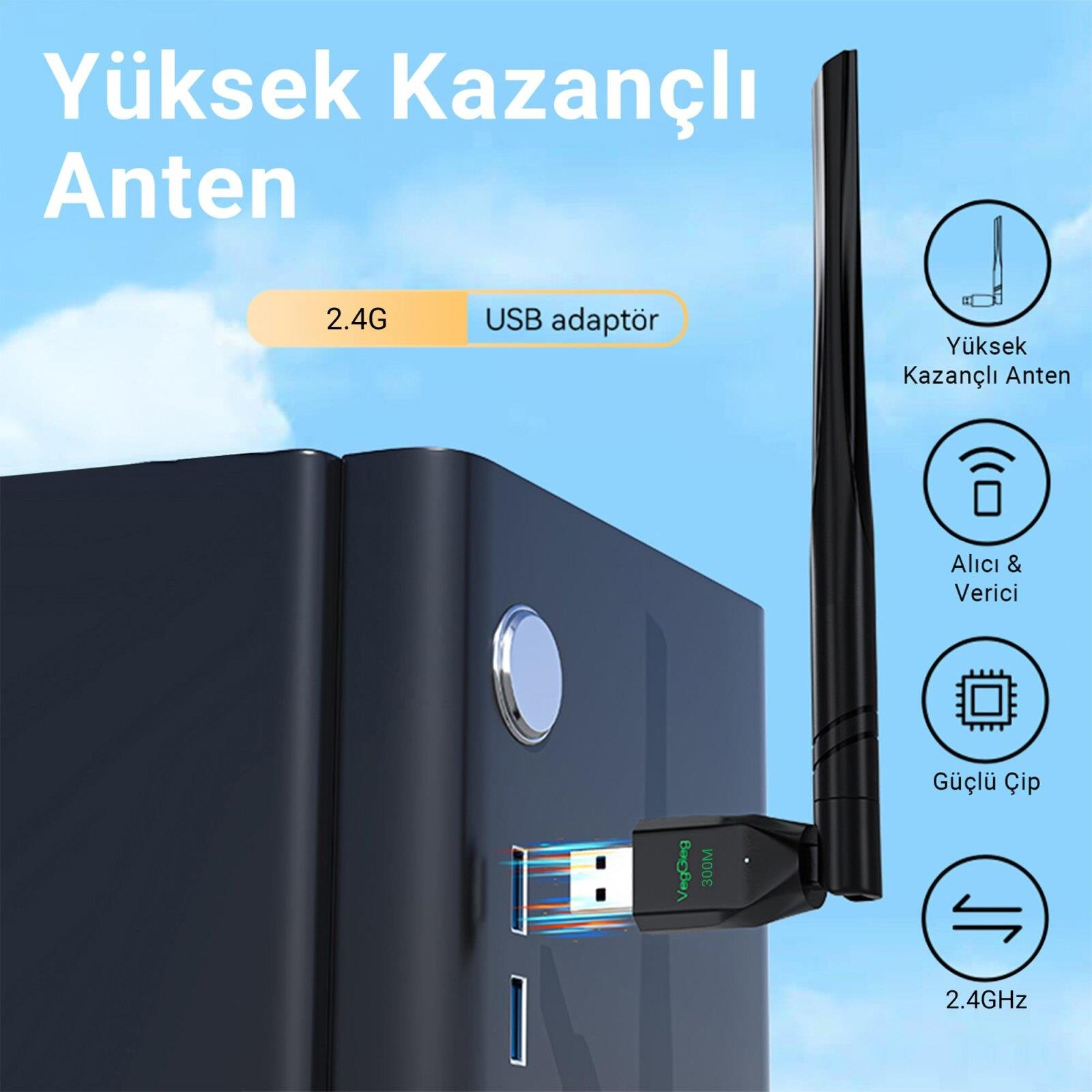 Siyah bir bilgisayara takılı antenli siyah USB Wi-Fi adaptörü.