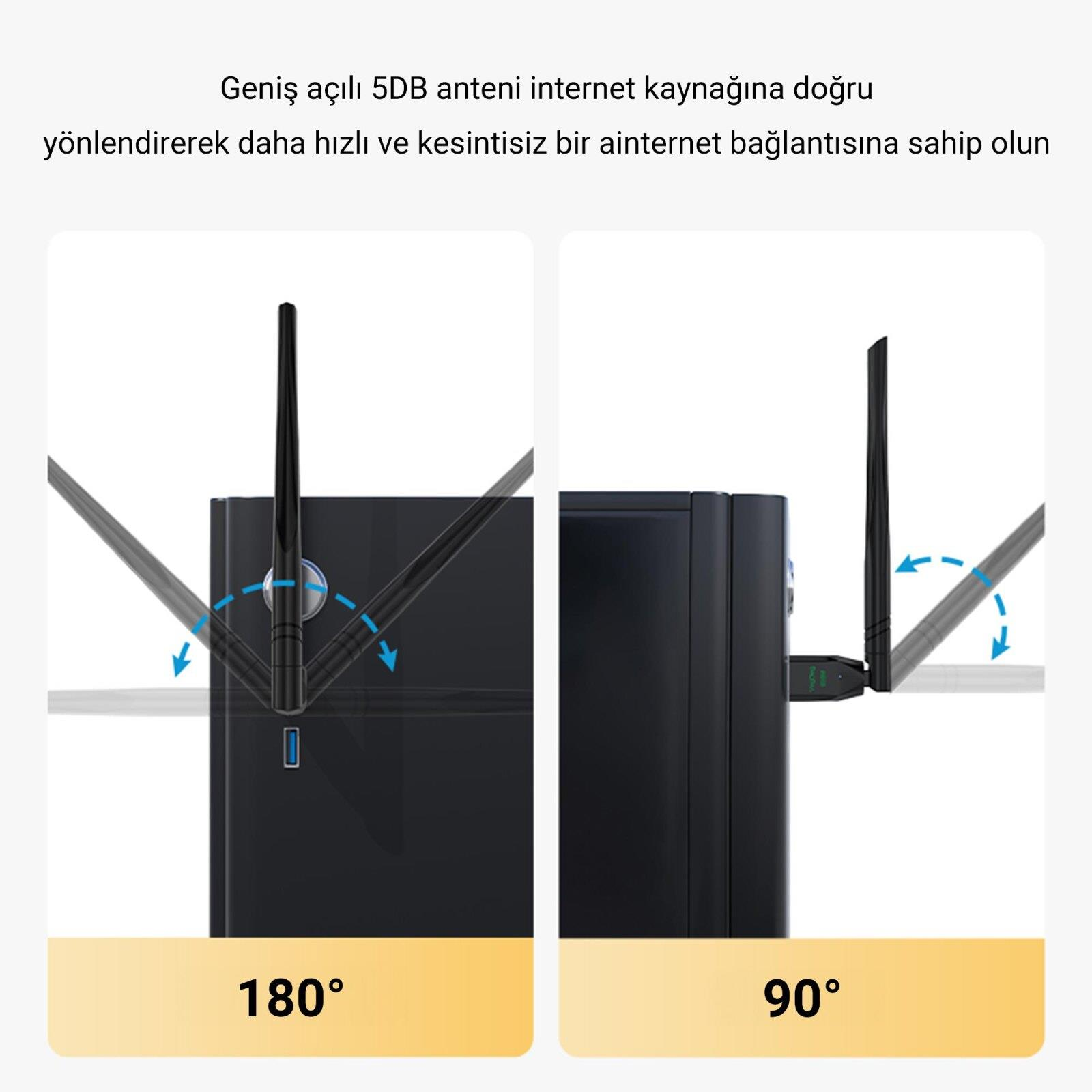 İki anten pozisyonlu siyah bir router: 180° ve 90°.