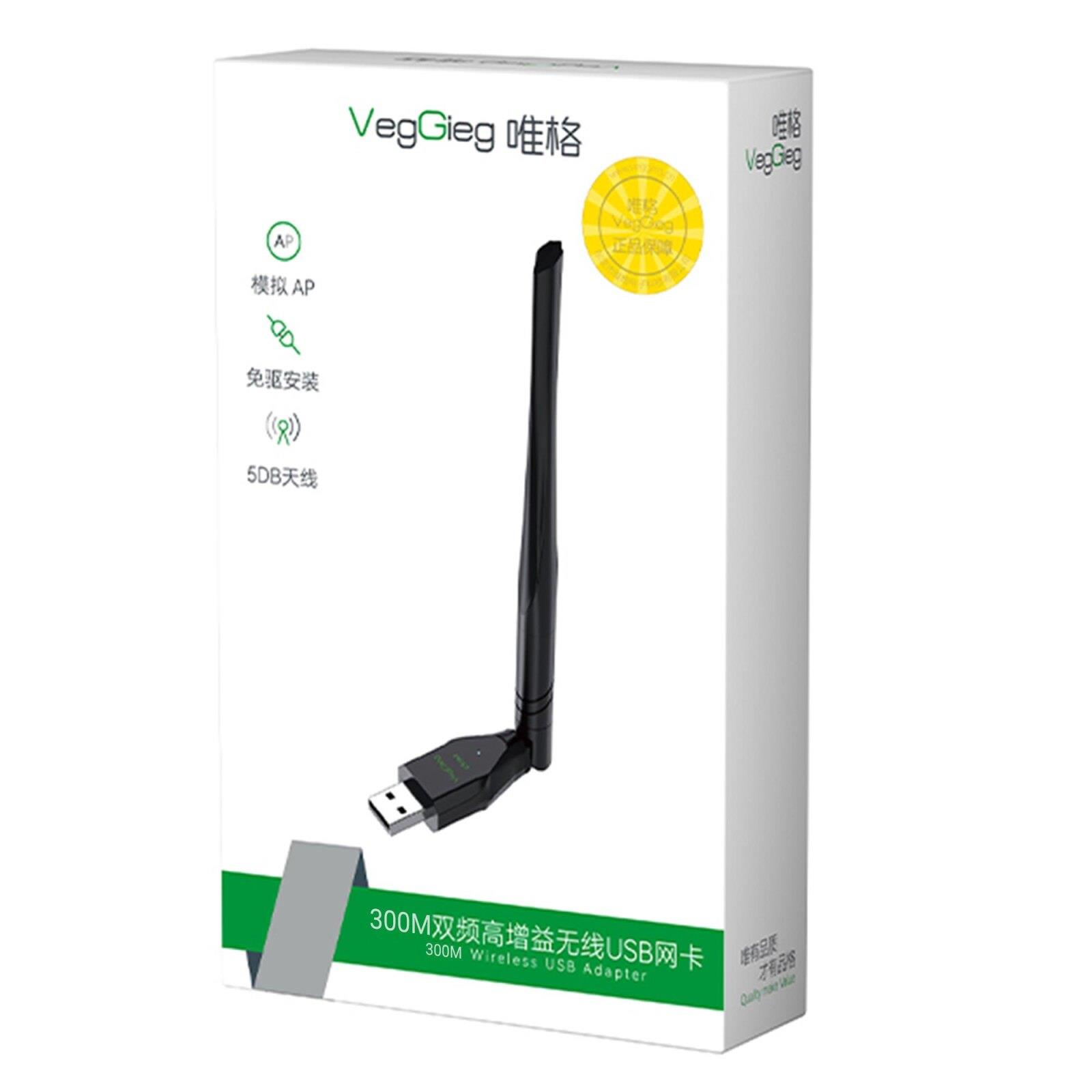 VegGieg 300M Çift Bant Kablosuz USB Adaptör, antenli, beyaz kutuda.