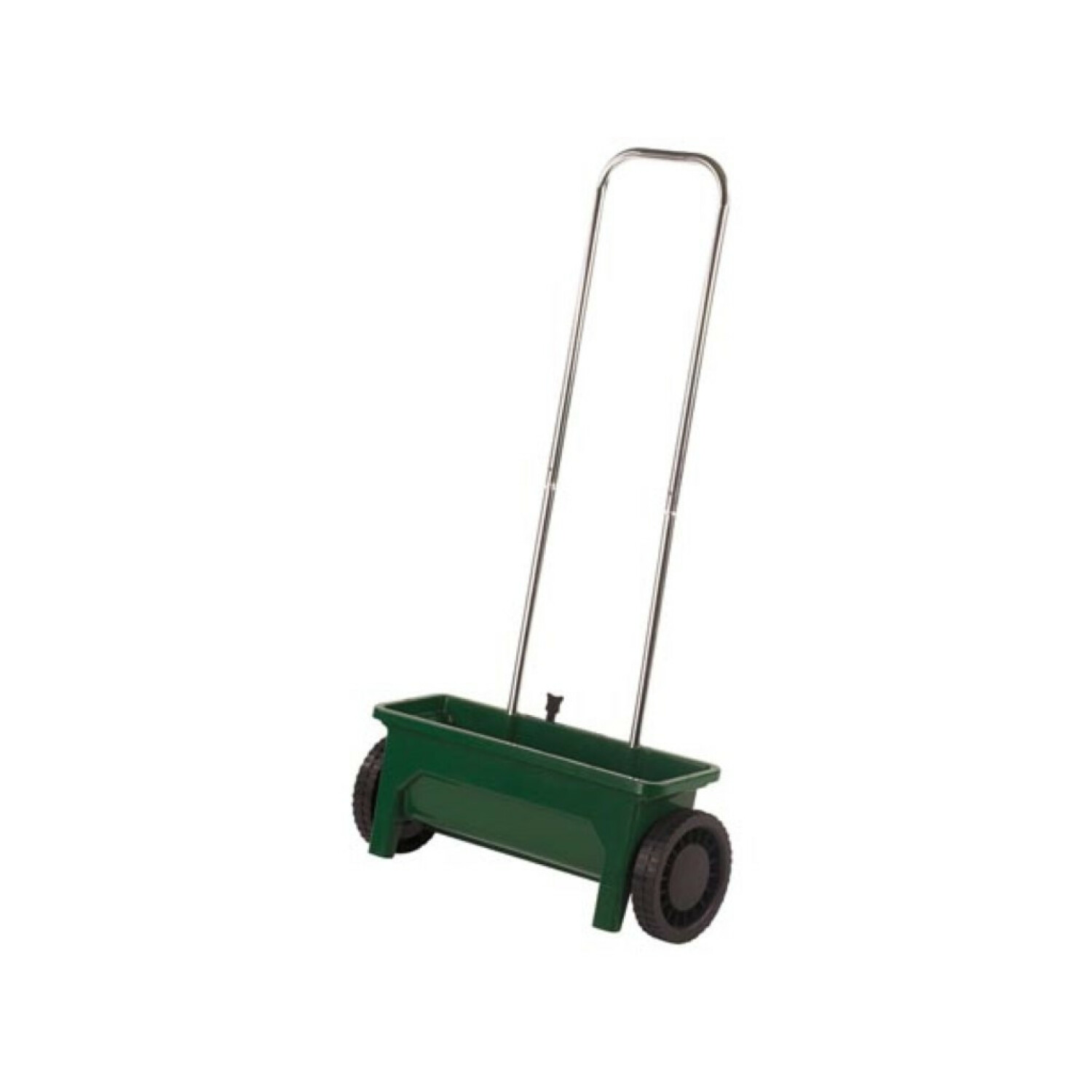 Spargisemi verde per prato con manico in metallo e due ruote su sfondo bianco.