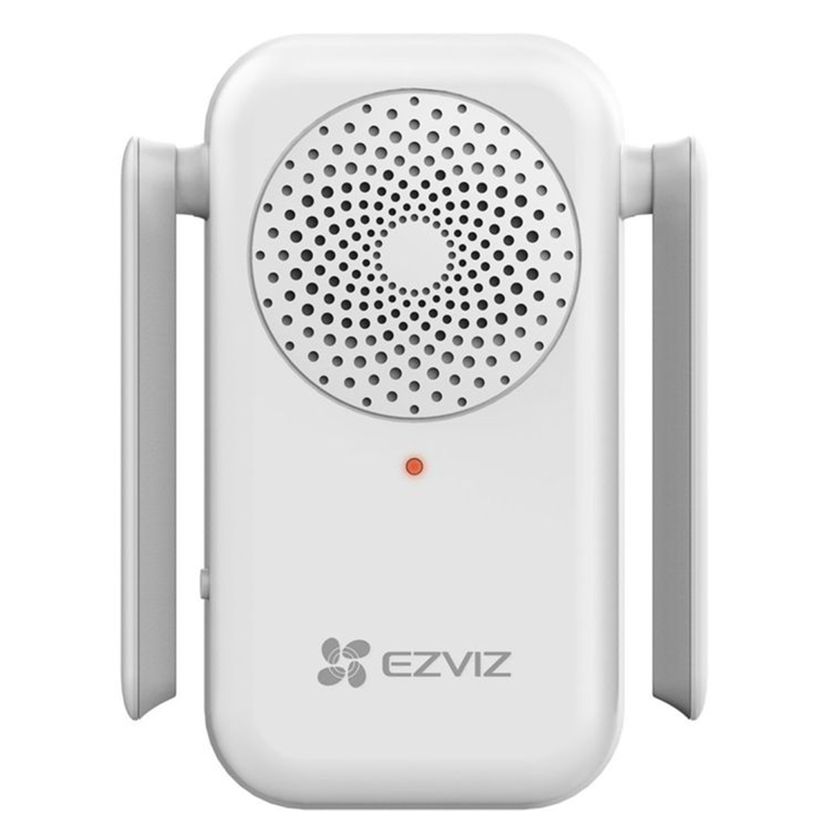 Un dispositivo EZVIZ bianco con griglia dell'altoparlante e antenne.