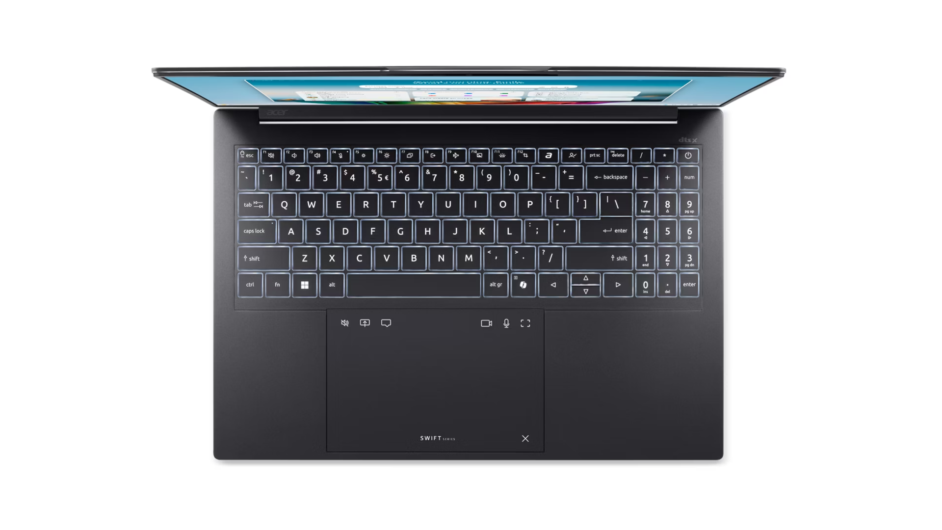 Laptop scuro con tastiera e touchpad illuminati, visto dall'alto.