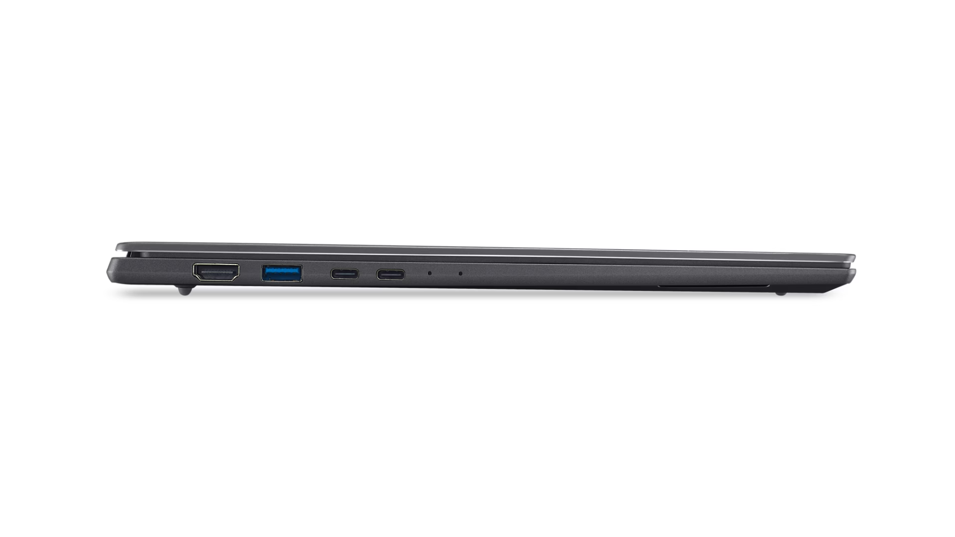 Profilo laptop grigio con porte HDMI, USB-A e due USB-C.