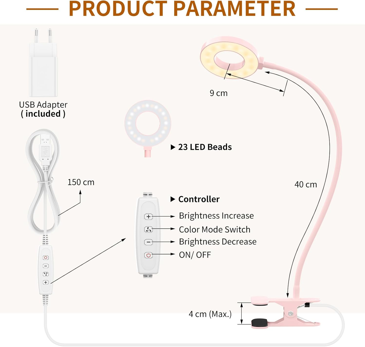 Produktparameter: 23 LED-Perlen Lampe, 9 cm Durchmesser, 40 cm Arm, 4 cm Klemme.