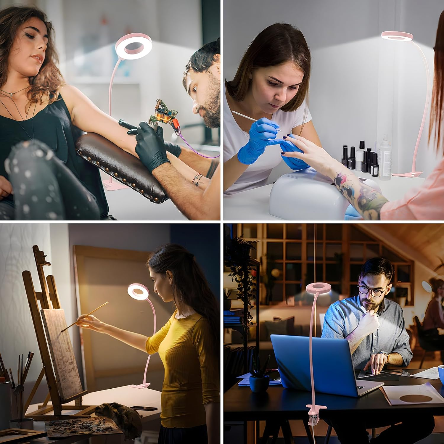 Vier Szenen: Tätowierung, Maniküre, Malerei und Arbeit am Laptop, alle mit einer rosa Lampe.