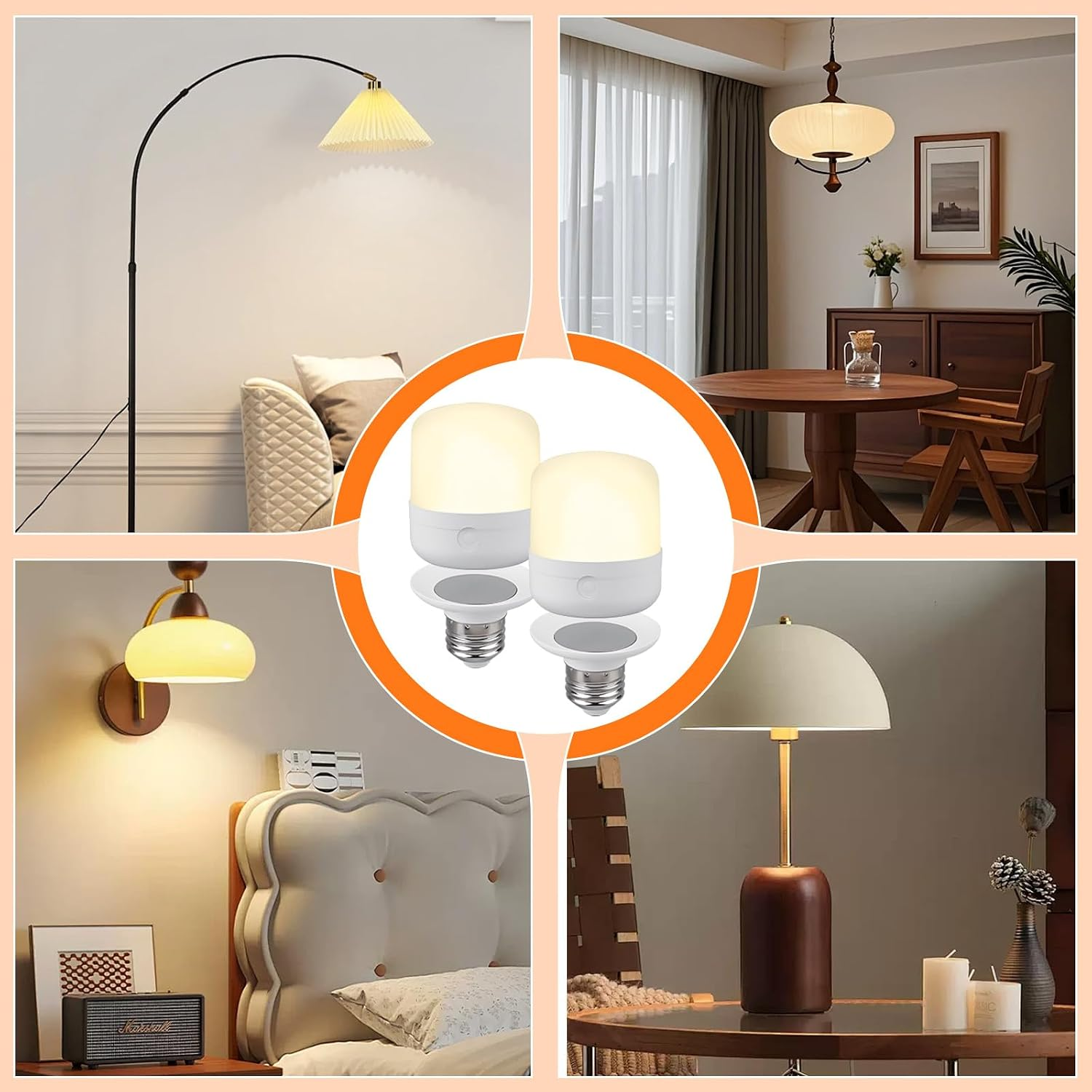 Collage aus vier Lampen: Bogenlampe, Pendelleuchte, Wandlampe, Tischlampe und Glühbirnen.