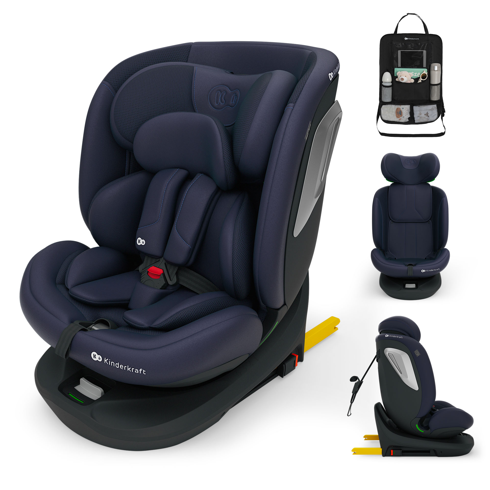 Dunkelblauer Kindersitz mit Sitzverkleinerer und Kopfstütze.