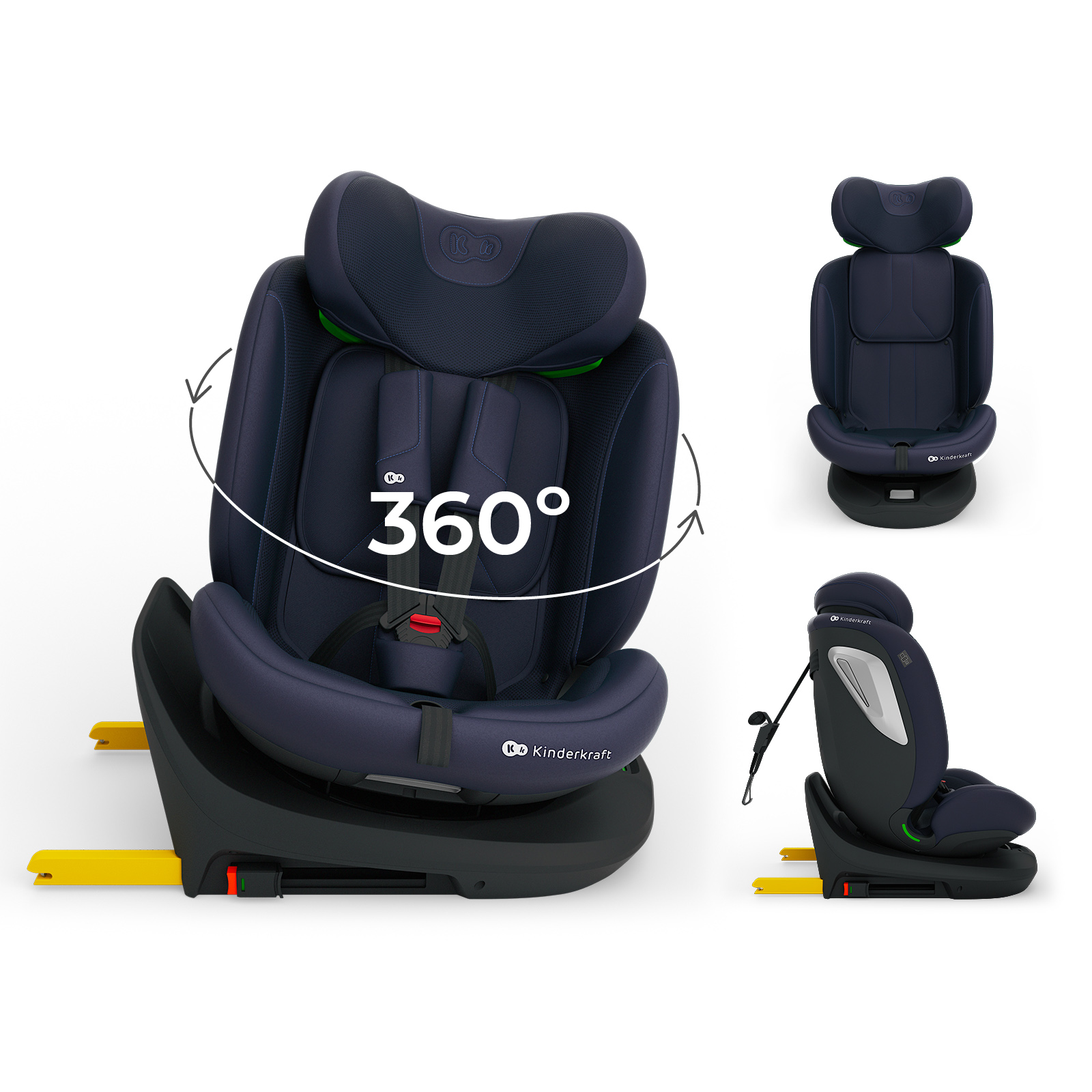 Dunkelblauer Kindersitz mit 360°-Drehung und gelben Isofix-Haken.