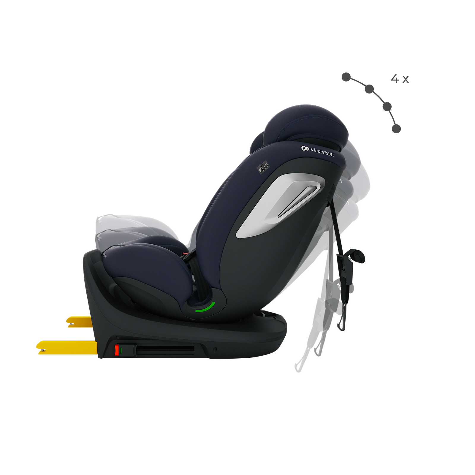 Dunkelblauer Kindersitz mit gelben ISOFIX-Haken und Verstellmechanismus.