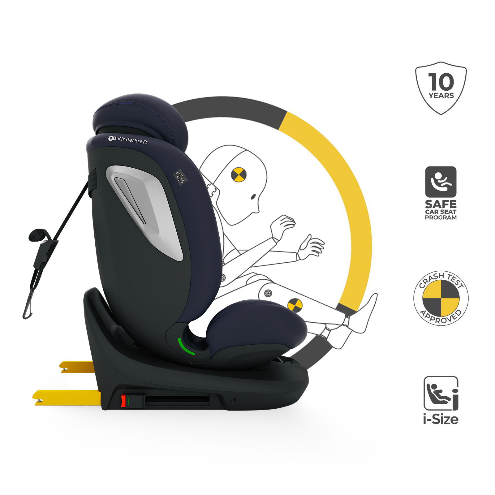 Dunkelblauer Kindersitz mit Sicherheitsgurt und Dummy-Illustration.