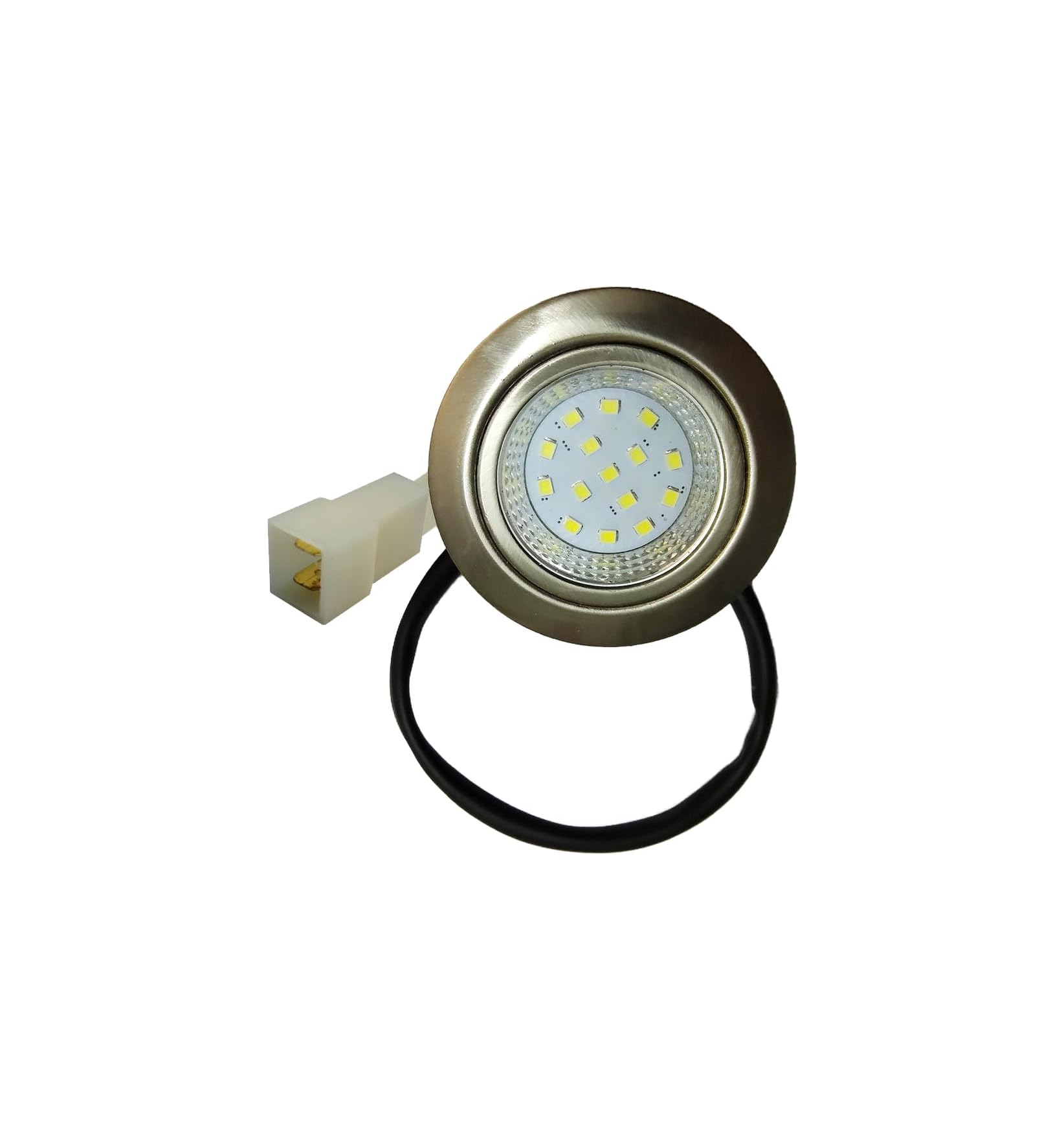 Ein runder LED-Einbaustrahler mit silbernem Gehäuse und Kabel.