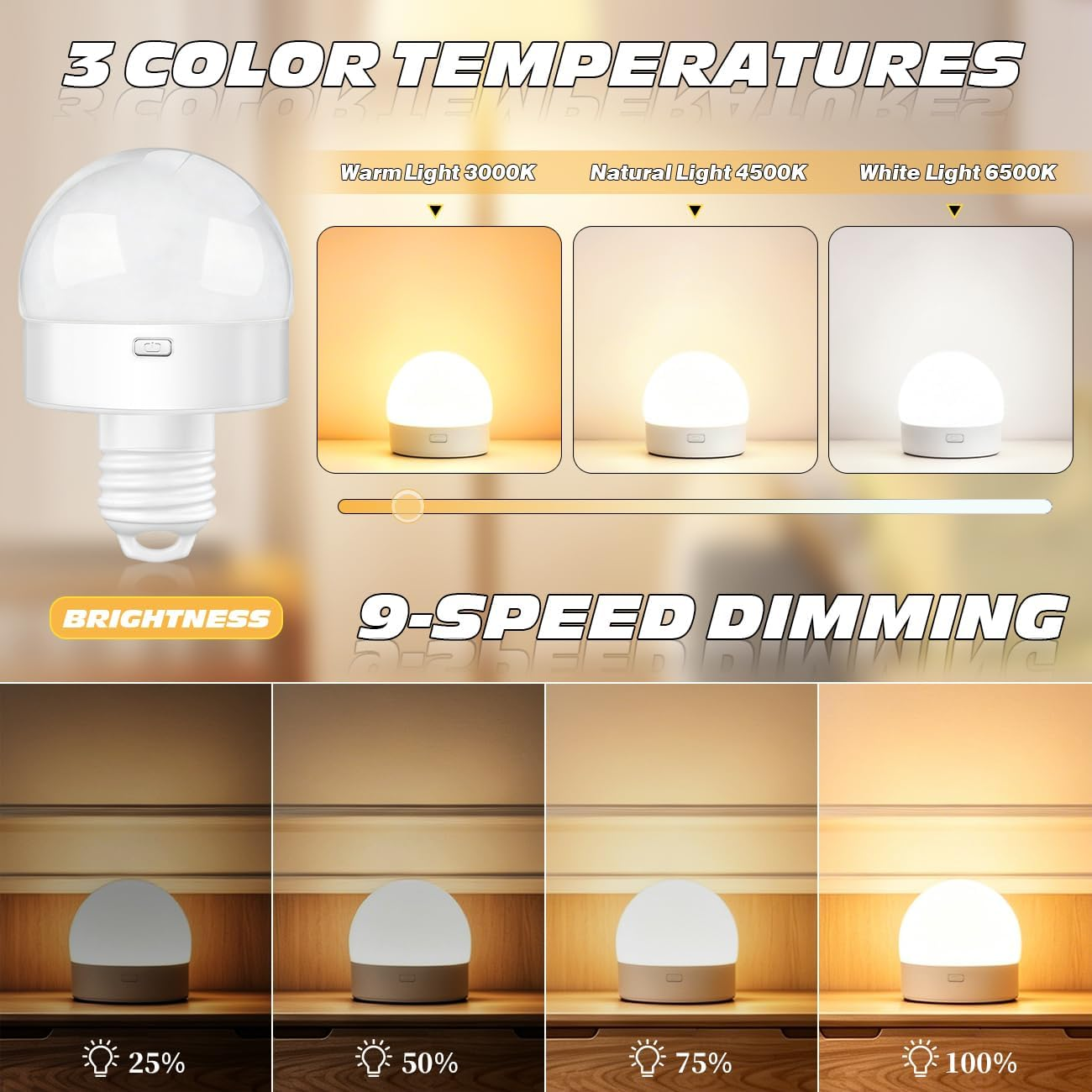 Ein Lampen-Display zeigt 3 Farbtemperaturen und 4 Helligkeitsstufen von 25% bis 100%.