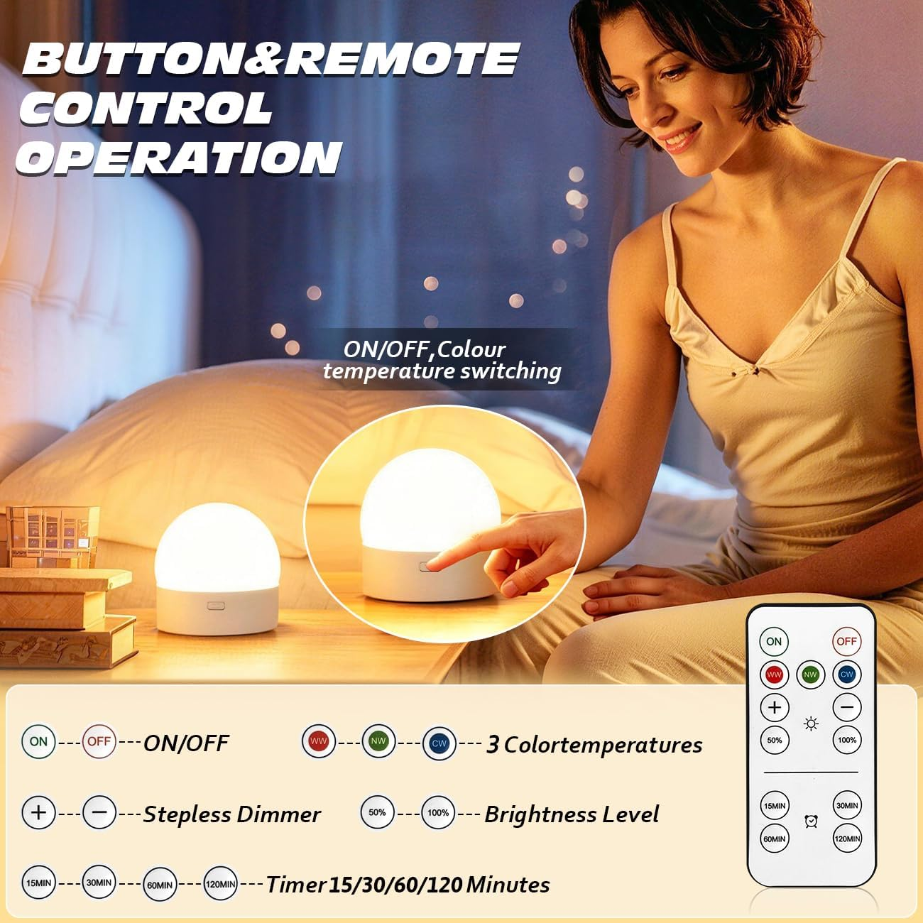Eine Frau benutzt eine Nachttischlampe mit Fernbedienung, die verschiedene Funktionen zeigt.