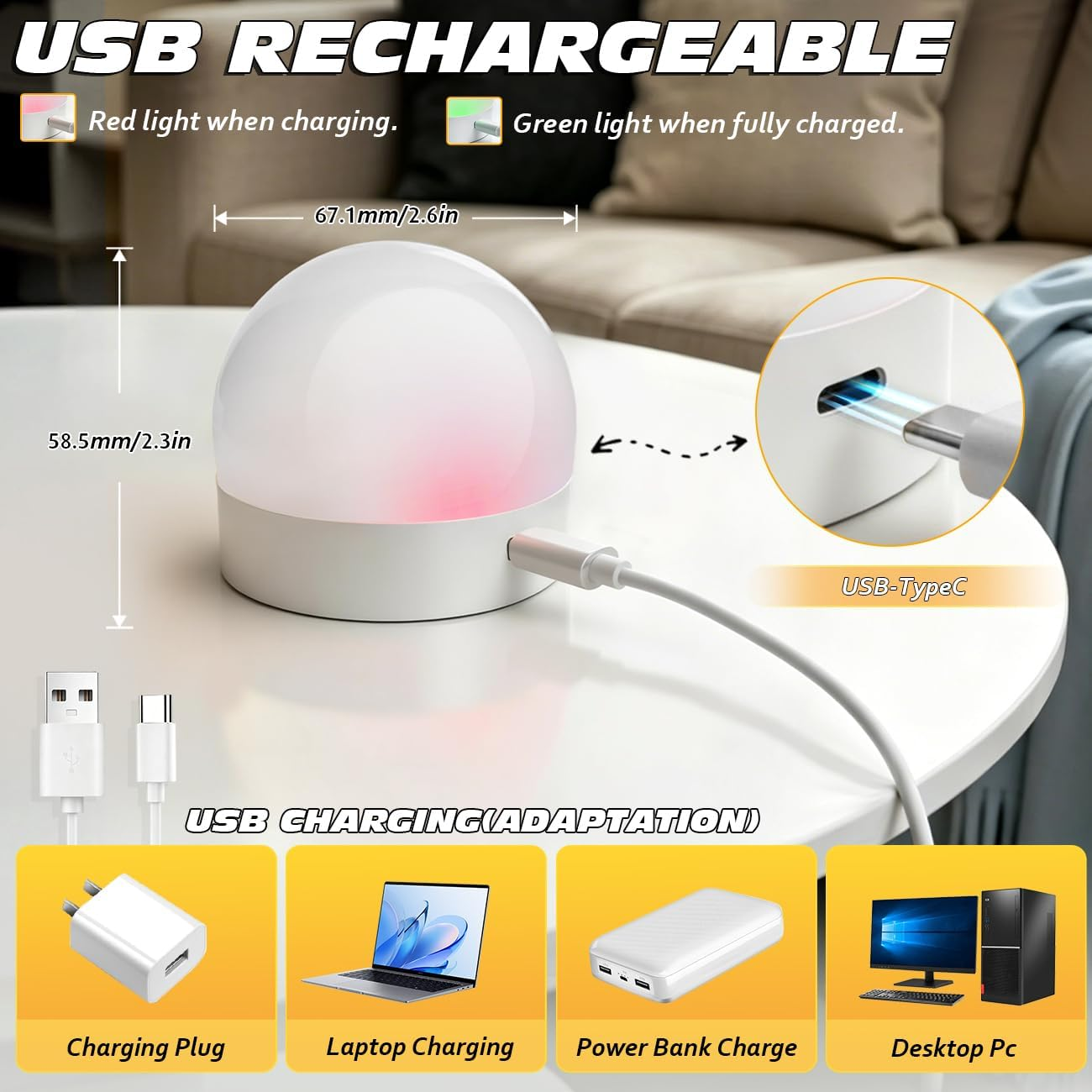 Ein USB-aufladbares Nachtlicht mit roten/grünen Ladeanzeigen. Maße: 58,5/67,1 mm.
