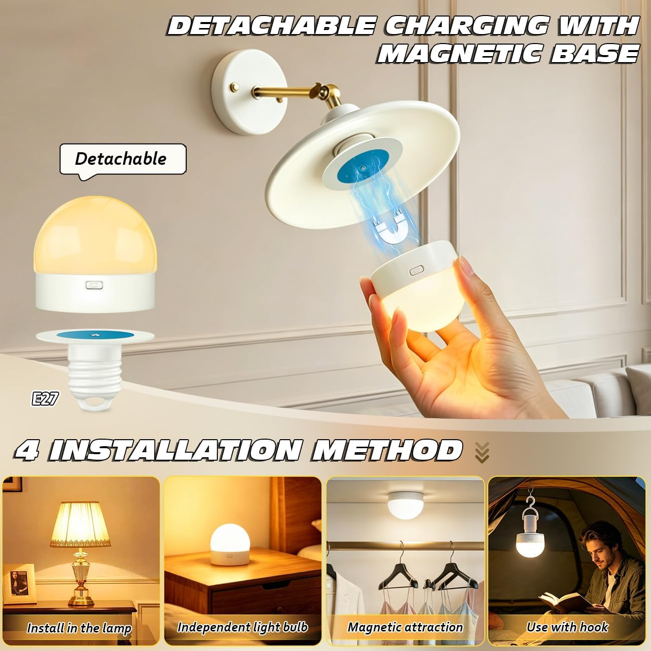 Abnehmbare magnetische Lampe wird gezeigt, mit vier Installationsmethoden.